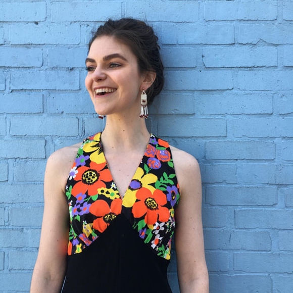 Vintage 1970's Floral & Black Halter Maxi Dress - Picture 2 of 4